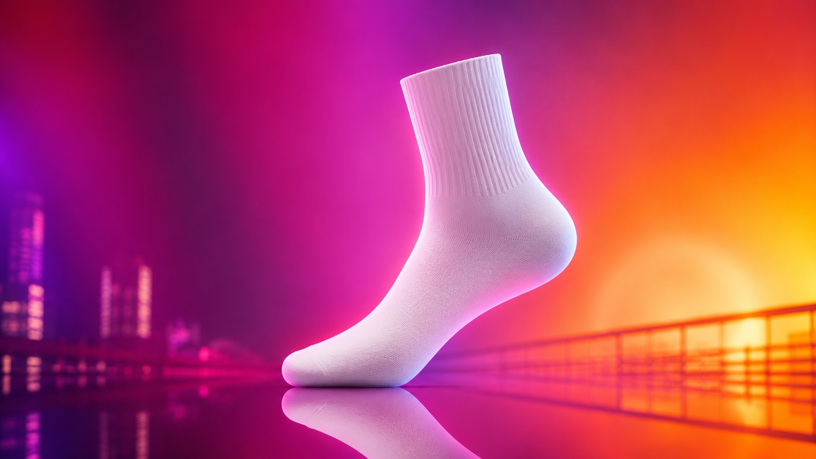 Yansımalı zeminde duran beyaz kısa konç sneaker çorabı; arkada gün batımı tonlarında şehir ışıkları